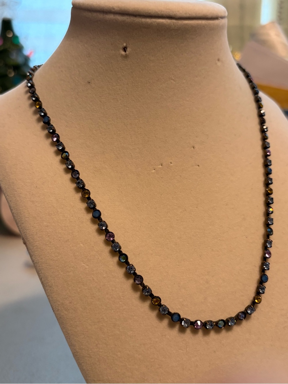 Sorrelli multicolor, crystal tennis necklace, antique gold tone signed